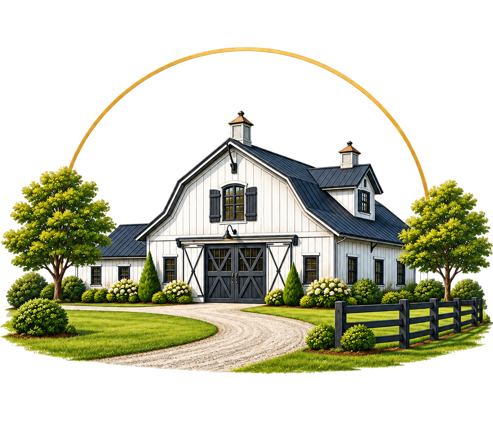White barn farmhouse with trees and fence